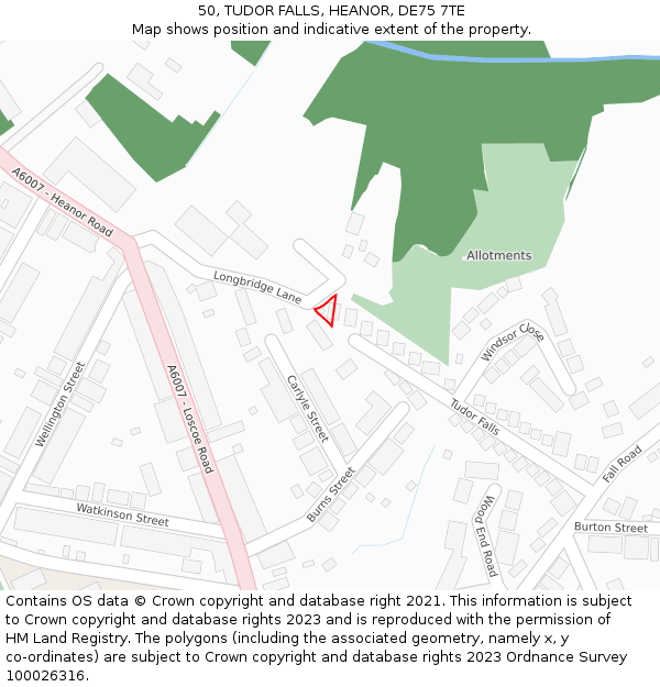 50, TUDOR FALLS, HEANOR, DE75 7TE: Location map and indicative extent of plot