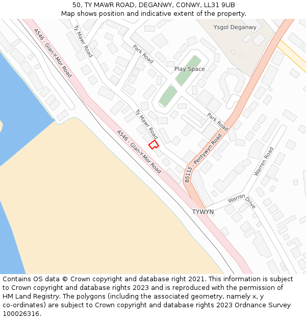 50, TY MAWR ROAD, DEGANWY, CONWY, LL31 9UB: Location map and indicative extent of plot