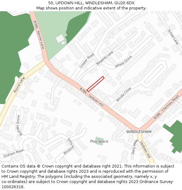 50, UPDOWN HILL, WINDLESHAM, GU20 6DX: Location map and indicative extent of plot