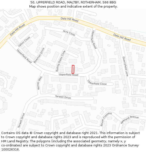 50, UPPERFIELD ROAD, MALTBY, ROTHERHAM, S66 8BG: Location map and indicative extent of plot