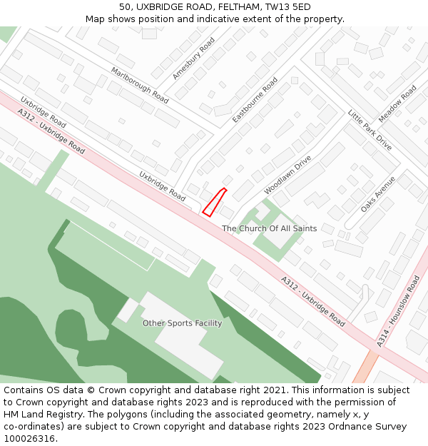 50, UXBRIDGE ROAD, FELTHAM, TW13 5ED: Location map and indicative extent of plot