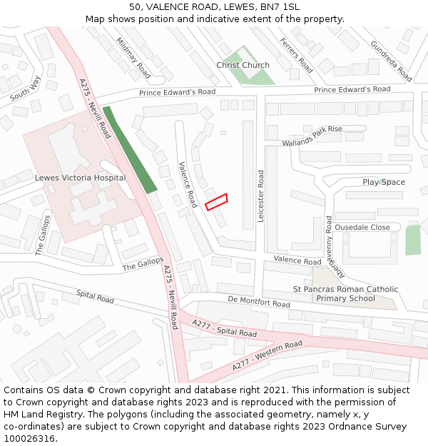 50, VALENCE ROAD, LEWES, BN7 1SL: Location map and indicative extent of plot