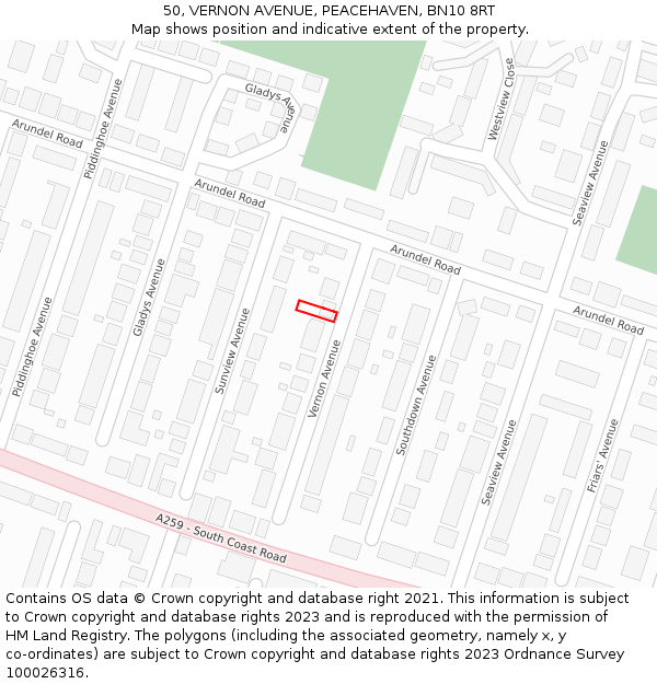 50, VERNON AVENUE, PEACEHAVEN, BN10 8RT: Location map and indicative extent of plot