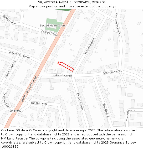 50, VICTORIA AVENUE, DROITWICH, WR9 7DF: Location map and indicative extent of plot