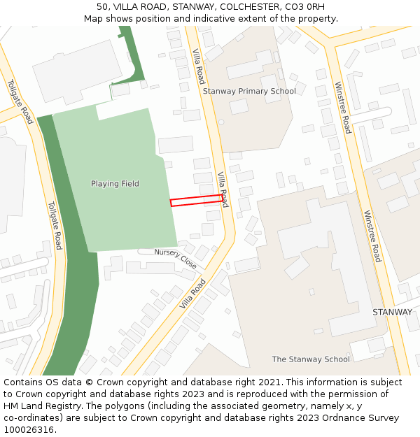 50, VILLA ROAD, STANWAY, COLCHESTER, CO3 0RH: Location map and indicative extent of plot