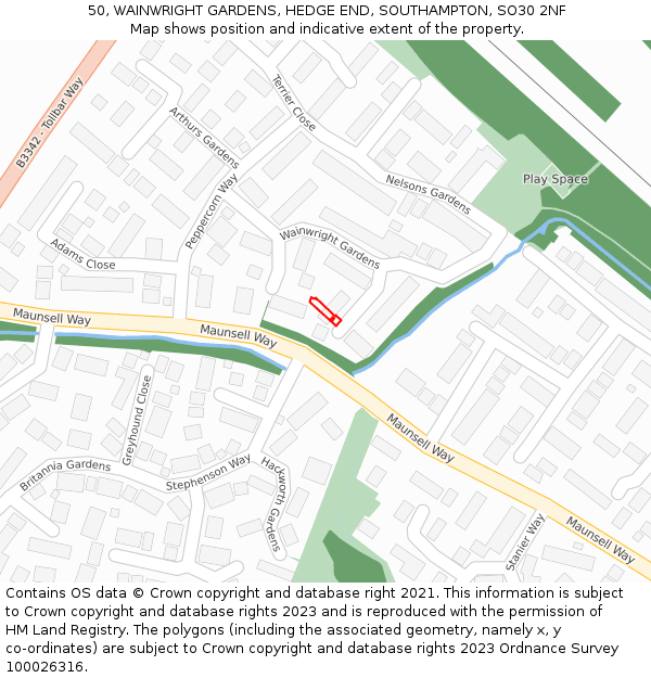 50, WAINWRIGHT GARDENS, HEDGE END, SOUTHAMPTON, SO30 2NF: Location map and indicative extent of plot