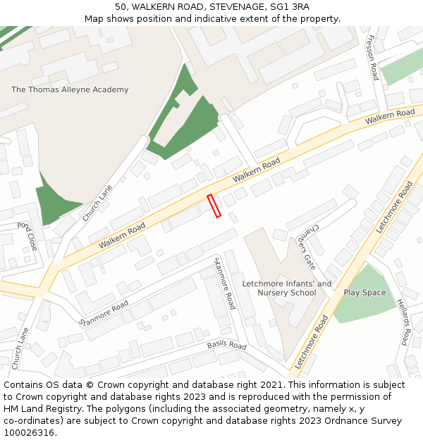 50, WALKERN ROAD, STEVENAGE, SG1 3RA: Location map and indicative extent of plot