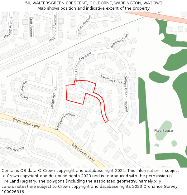 50, WALTERSGREEN CRESCENT, GOLBORNE, WARRINGTON, WA3 3WB: Location map and indicative extent of plot