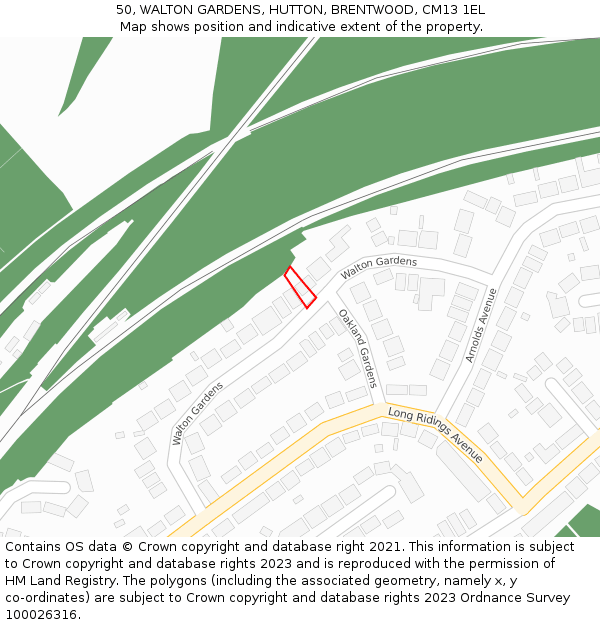 50, WALTON GARDENS, HUTTON, BRENTWOOD, CM13 1EL: Location map and indicative extent of plot