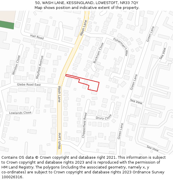 50, WASH LANE, KESSINGLAND, LOWESTOFT, NR33 7QY: Location map and indicative extent of plot