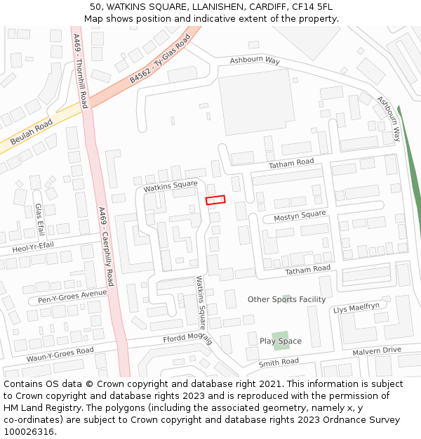 50, WATKINS SQUARE, LLANISHEN, CARDIFF, CF14 5FL: Location map and indicative extent of plot