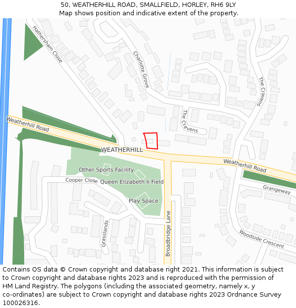 50, WEATHERHILL ROAD, SMALLFIELD, HORLEY, RH6 9LY: Location map and indicative extent of plot