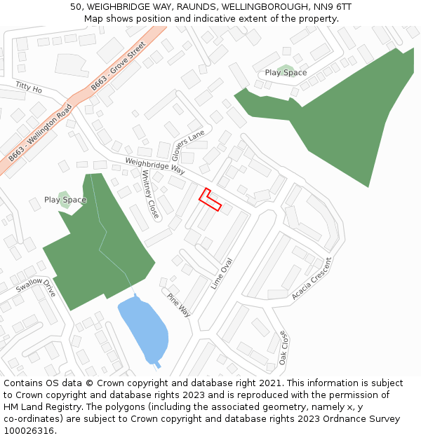 50, WEIGHBRIDGE WAY, RAUNDS, WELLINGBOROUGH, NN9 6TT: Location map and indicative extent of plot