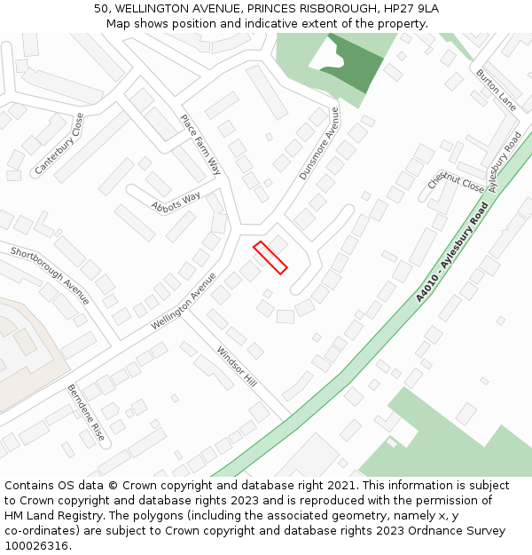 50, WELLINGTON AVENUE, PRINCES RISBOROUGH, HP27 9LA: Location map and indicative extent of plot