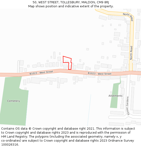 50, WEST STREET, TOLLESBURY, MALDON, CM9 8RJ: Location map and indicative extent of plot