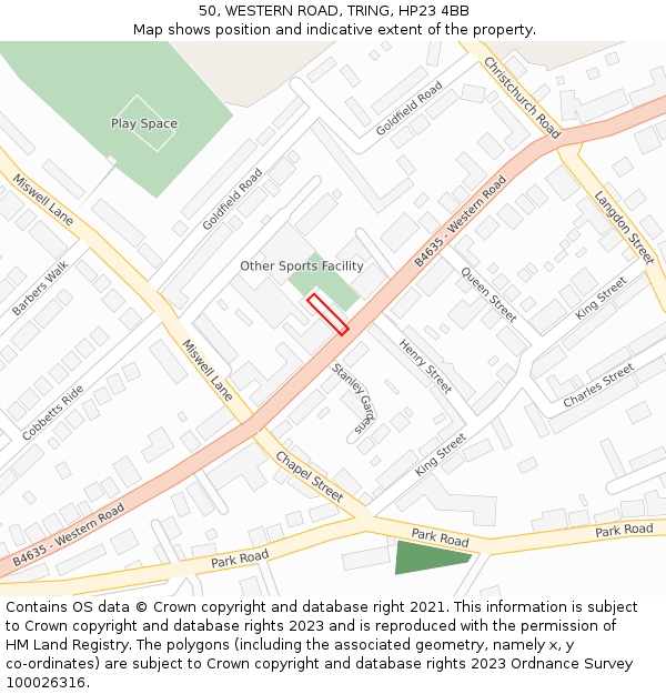 50, WESTERN ROAD, TRING, HP23 4BB: Location map and indicative extent of plot