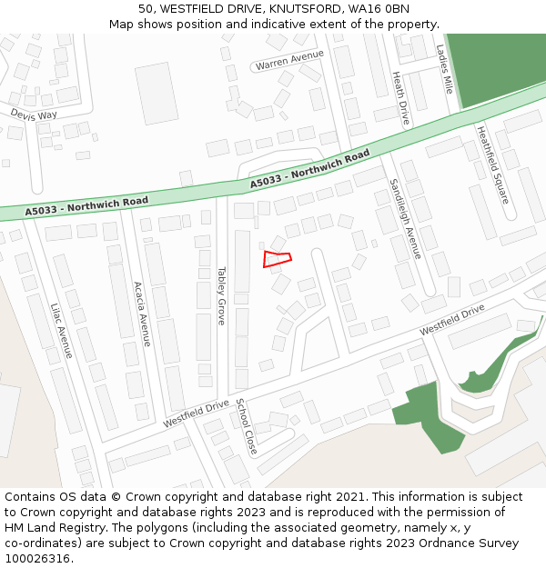 50, WESTFIELD DRIVE, KNUTSFORD, WA16 0BN: Location map and indicative extent of plot