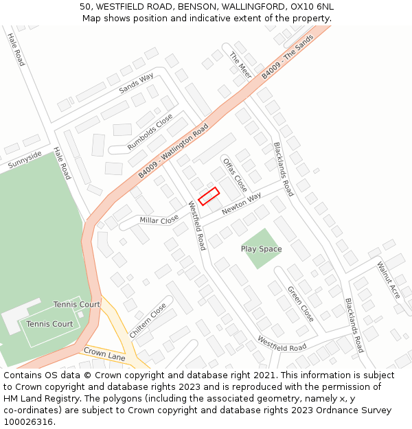 50, WESTFIELD ROAD, BENSON, WALLINGFORD, OX10 6NL: Location map and indicative extent of plot