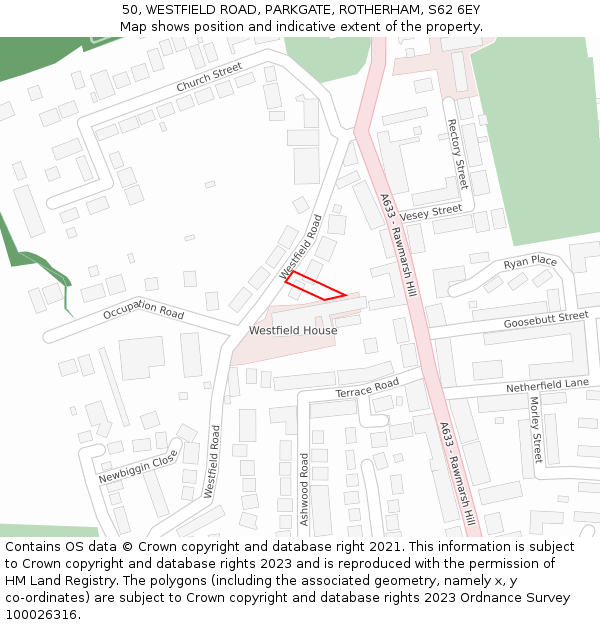 50, WESTFIELD ROAD, PARKGATE, ROTHERHAM, S62 6EY: Location map and indicative extent of plot