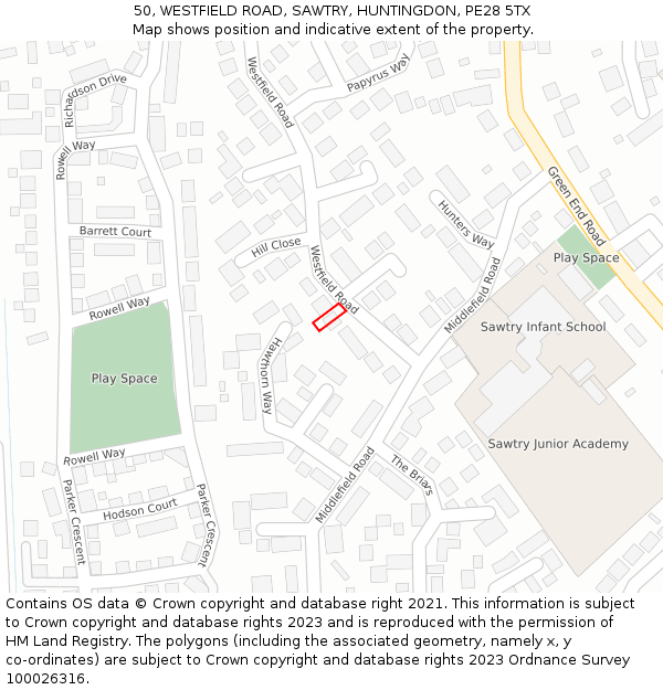 50, WESTFIELD ROAD, SAWTRY, HUNTINGDON, PE28 5TX: Location map and indicative extent of plot