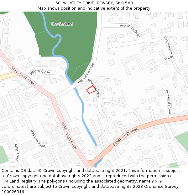 50, WHATLEY DRIVE, PEWSEY, SN9 5AR: Location map and indicative extent of plot