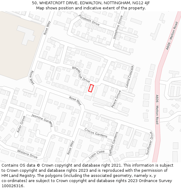 50, WHEATCROFT DRIVE, EDWALTON, NOTTINGHAM, NG12 4JF: Location map and indicative extent of plot