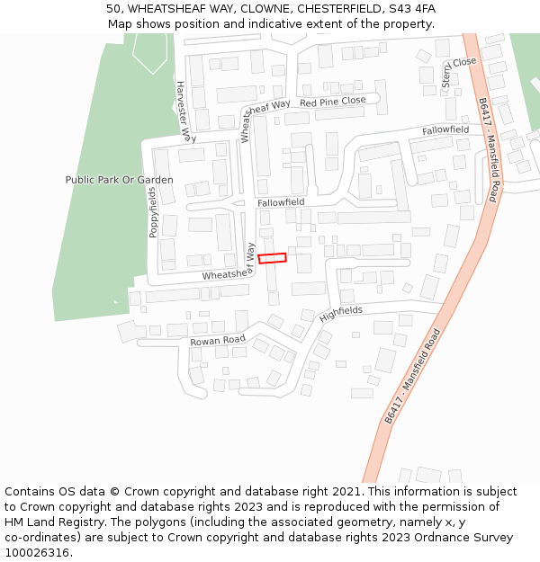 50, WHEATSHEAF WAY, CLOWNE, CHESTERFIELD, S43 4FA: Location map and indicative extent of plot