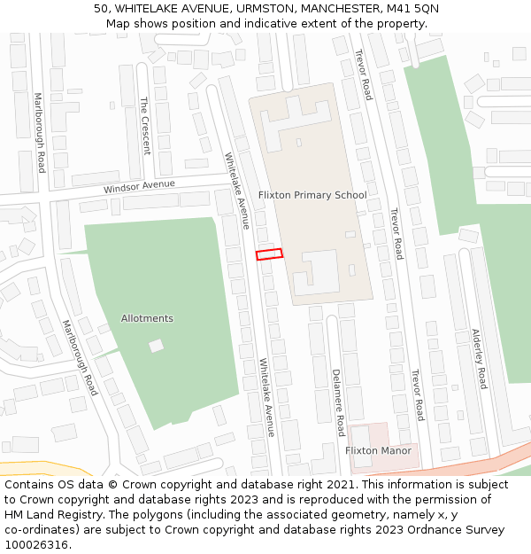 50, WHITELAKE AVENUE, URMSTON, MANCHESTER, M41 5QN: Location map and indicative extent of plot