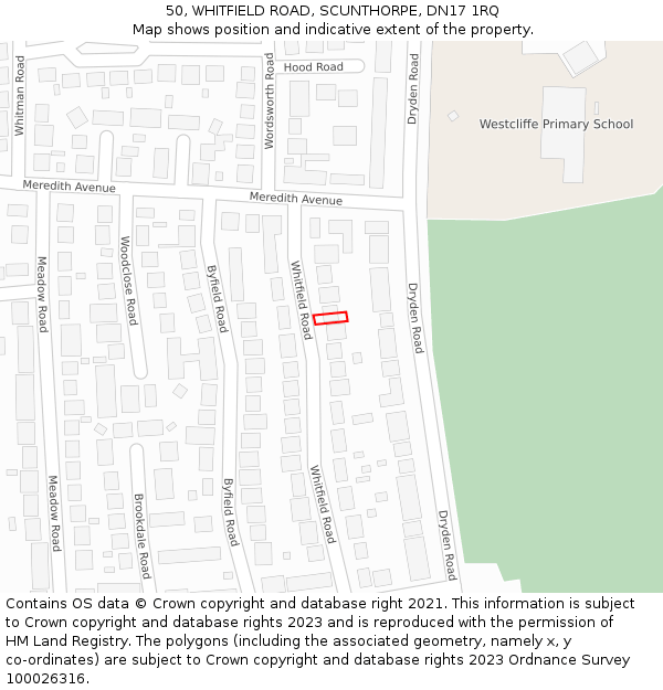 50, WHITFIELD ROAD, SCUNTHORPE, DN17 1RQ: Location map and indicative extent of plot