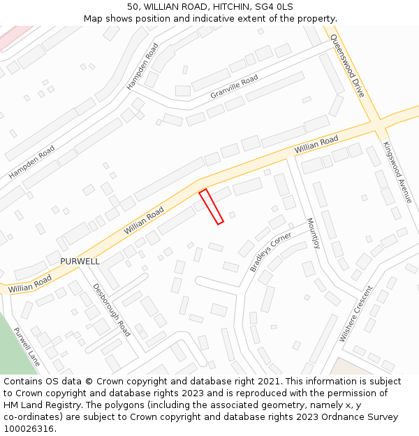 50, WILLIAN ROAD, HITCHIN, SG4 0LS: Location map and indicative extent of plot