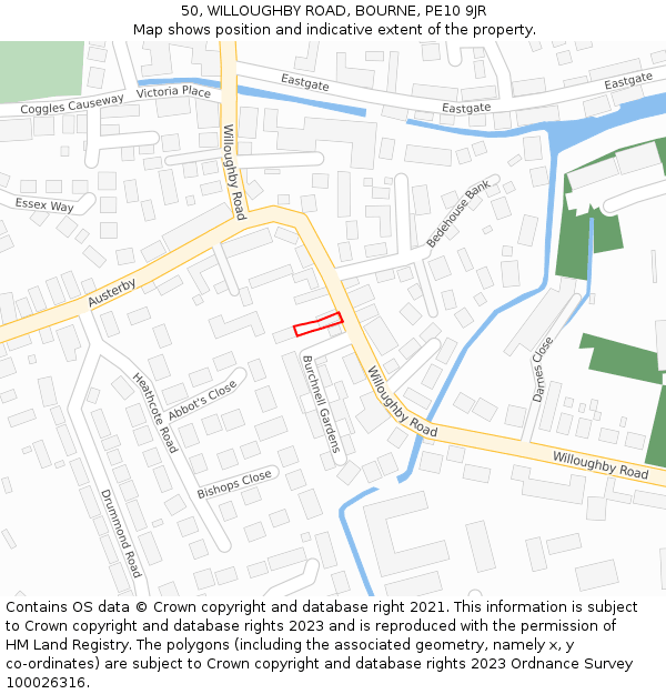 50, WILLOUGHBY ROAD, BOURNE, PE10 9JR: Location map and indicative extent of plot