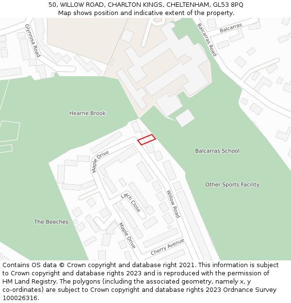 50, WILLOW ROAD, CHARLTON KINGS, CHELTENHAM, GL53 8PQ: Location map and indicative extent of plot