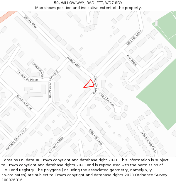 50, WILLOW WAY, RADLETT, WD7 8DY: Location map and indicative extent of plot