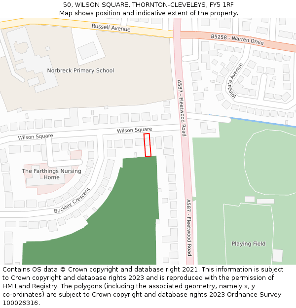 50, WILSON SQUARE, THORNTON-CLEVELEYS, FY5 1RF: Location map and indicative extent of plot