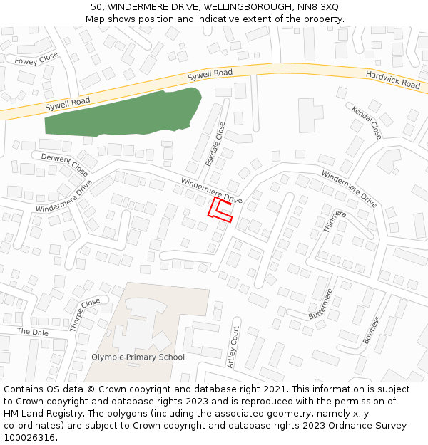 50, WINDERMERE DRIVE, WELLINGBOROUGH, NN8 3XQ: Location map and indicative extent of plot