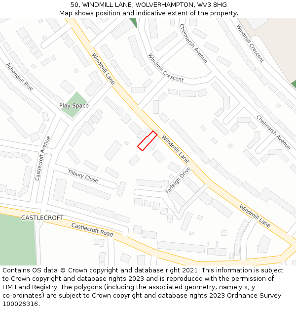 50, WINDMILL LANE, WOLVERHAMPTON, WV3 8HG: Location map and indicative extent of plot