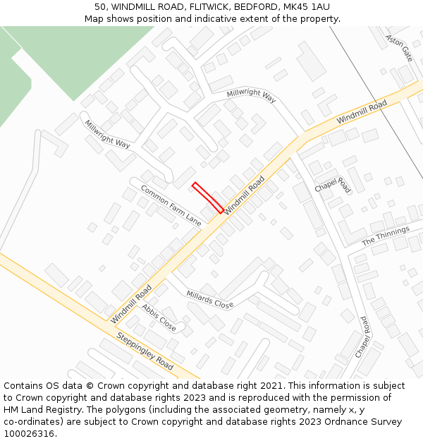 50, WINDMILL ROAD, FLITWICK, BEDFORD, MK45 1AU: Location map and indicative extent of plot