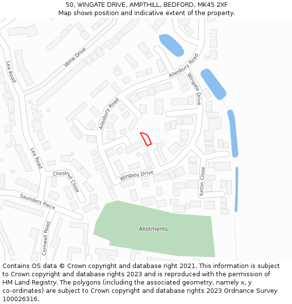 50, WINGATE DRIVE, AMPTHILL, BEDFORD, MK45 2XF: Location map and indicative extent of plot