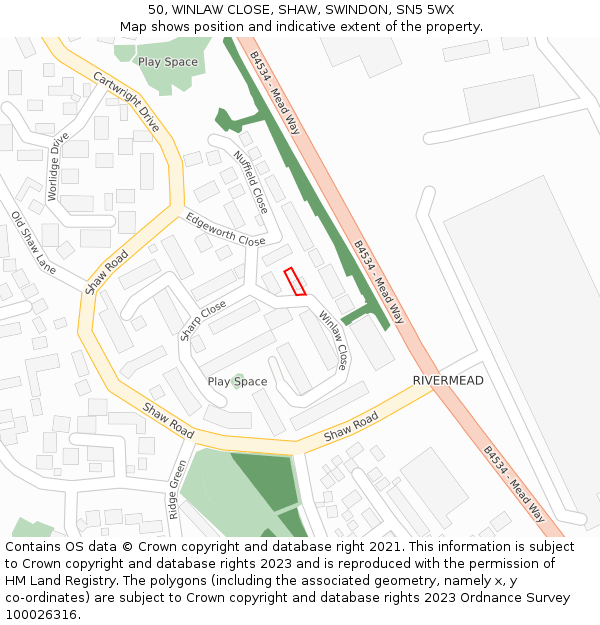 50, WINLAW CLOSE, SHAW, SWINDON, SN5 5WX: Location map and indicative extent of plot