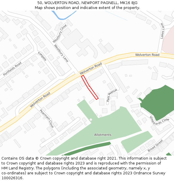 50, WOLVERTON ROAD, NEWPORT PAGNELL, MK16 8JG: Location map and indicative extent of plot