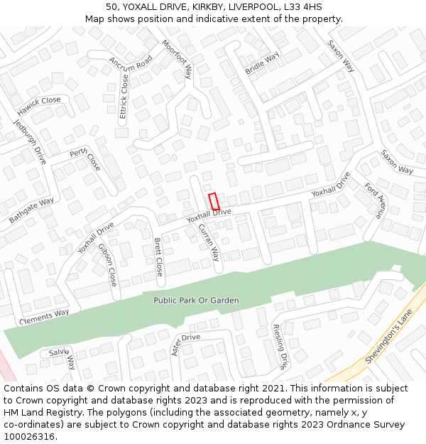 50, YOXALL DRIVE, KIRKBY, LIVERPOOL, L33 4HS: Location map and indicative extent of plot
