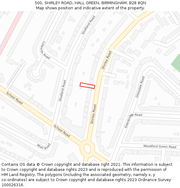 500, SHIRLEY ROAD, HALL GREEN, BIRMINGHAM, B28 8QN: Location map and indicative extent of plot