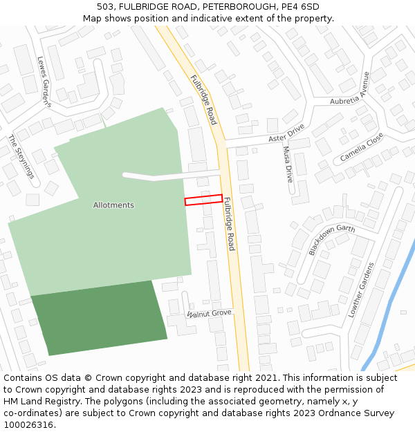 503, FULBRIDGE ROAD, PETERBOROUGH, PE4 6SD: Location map and indicative extent of plot