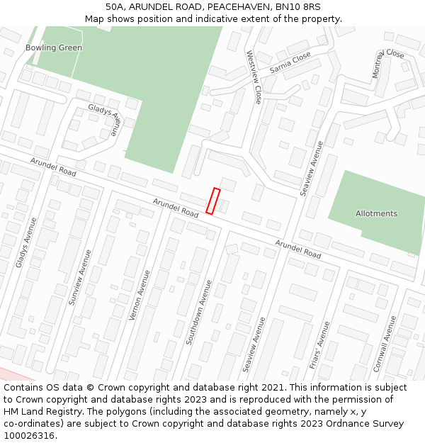 50A, ARUNDEL ROAD, PEACEHAVEN, BN10 8RS: Location map and indicative extent of plot