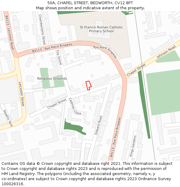 50A, CHAPEL STREET, BEDWORTH, CV12 8PT: Location map and indicative extent of plot