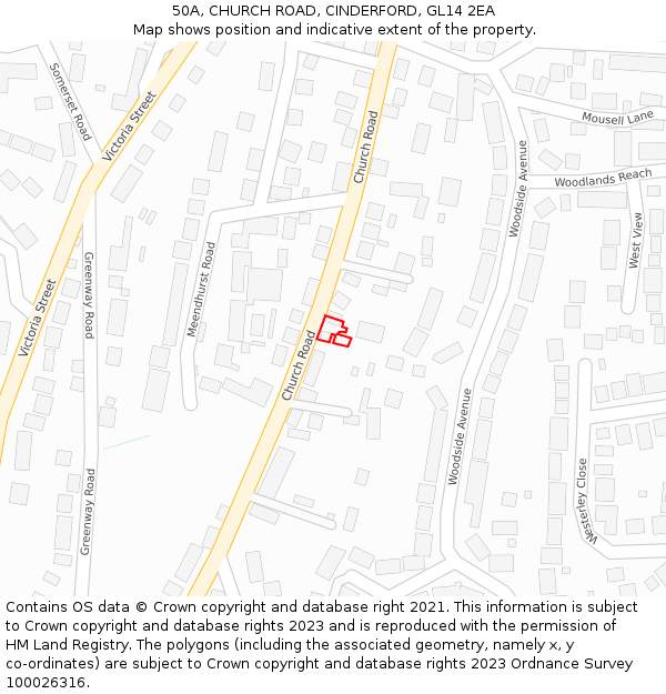 50A, CHURCH ROAD, CINDERFORD, GL14 2EA: Location map and indicative extent of plot
