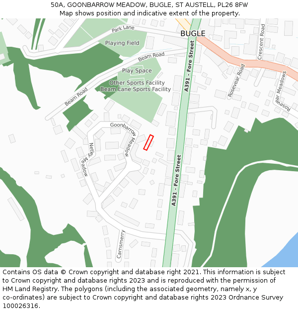 50A, GOONBARROW MEADOW, BUGLE, ST AUSTELL, PL26 8FW: Location map and indicative extent of plot