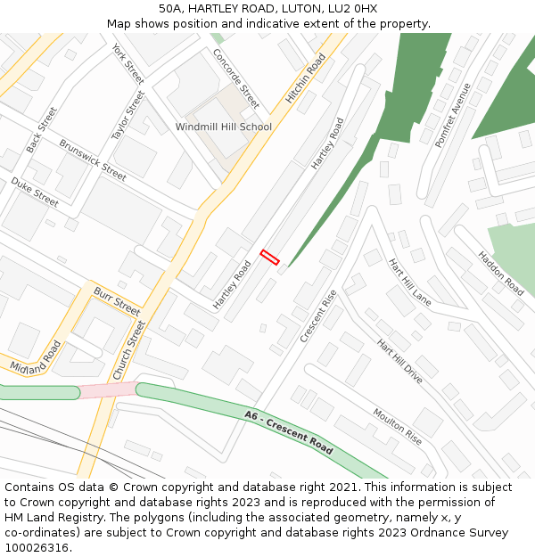 50A, HARTLEY ROAD, LUTON, LU2 0HX: Location map and indicative extent of plot