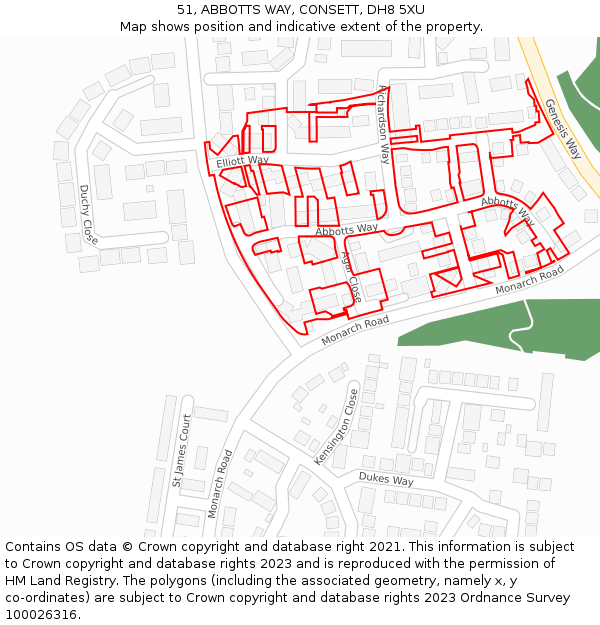 51, ABBOTTS WAY, CONSETT, DH8 5XU: Location map and indicative extent of plot