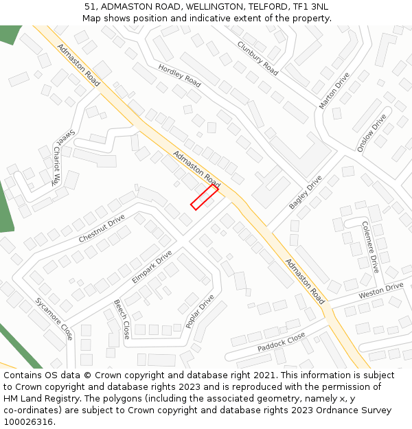 51, ADMASTON ROAD, WELLINGTON, TELFORD, TF1 3NL: Location map and indicative extent of plot